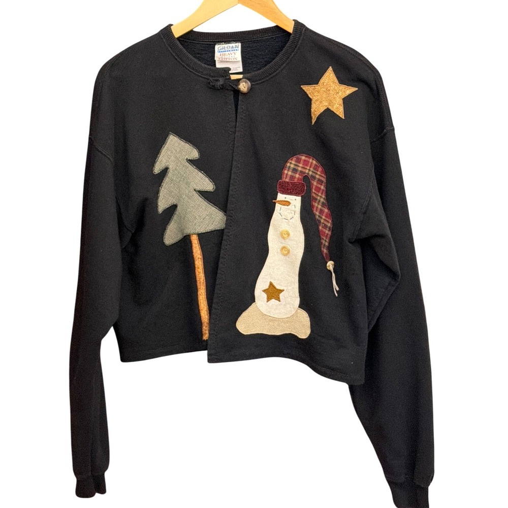 Vintage Gildan Cardigan Sweatshirt Christmas Folk Art Snowman Star Cropped Black